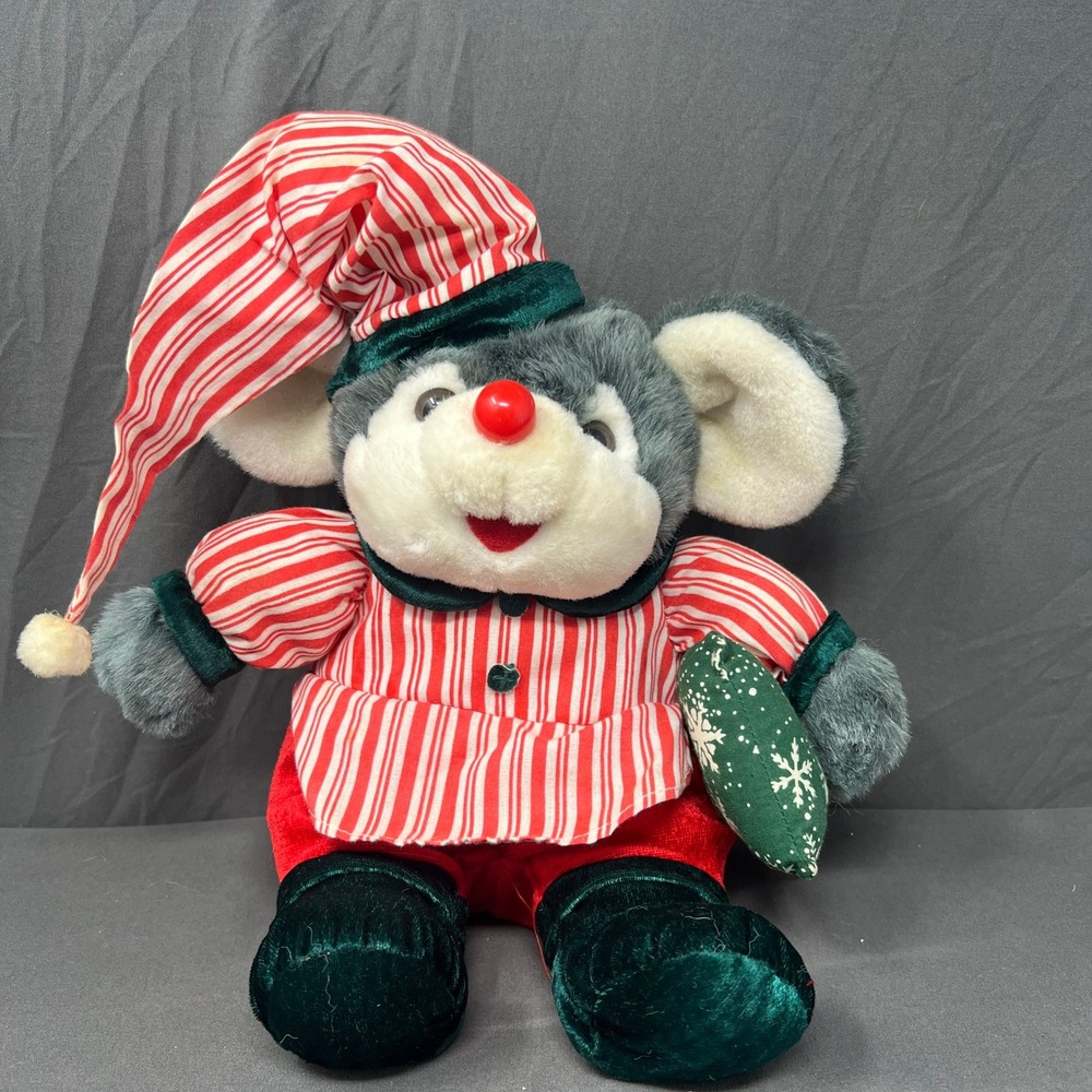 Play By Play Christmas Mouse Plush 12" Gray Red White Striped Pajamas Hat 90's